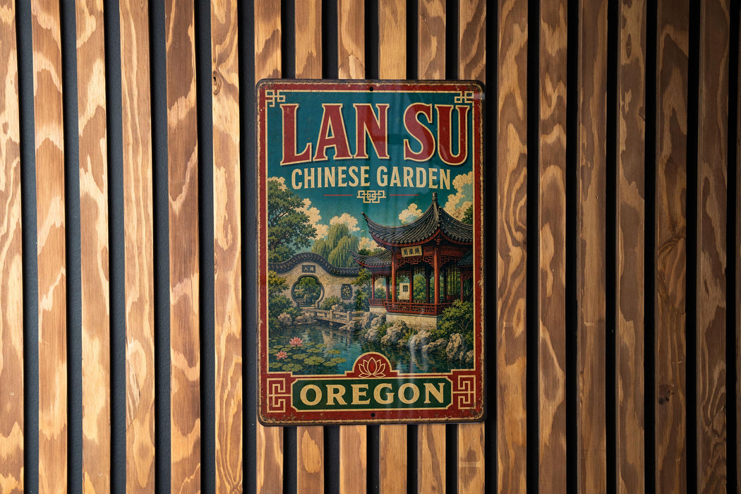 A vintage metal sign with the text "LAN SU CHINESE GARDEN OREGON" displayed on a wooden wall.