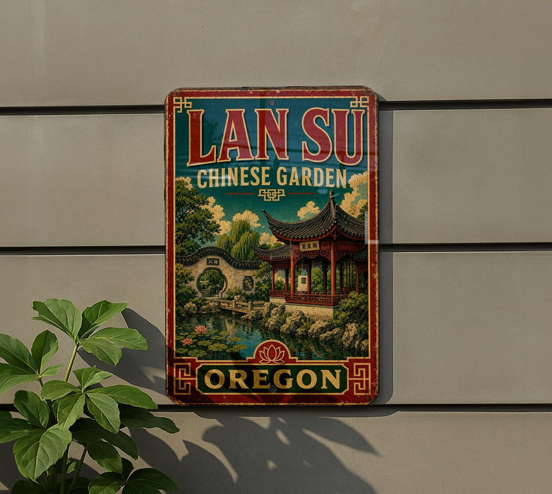 A vintage-style metal sign for the Lan Su Chinese Garden in Oregon, featuring a traditional Chinese temple and landscape.
