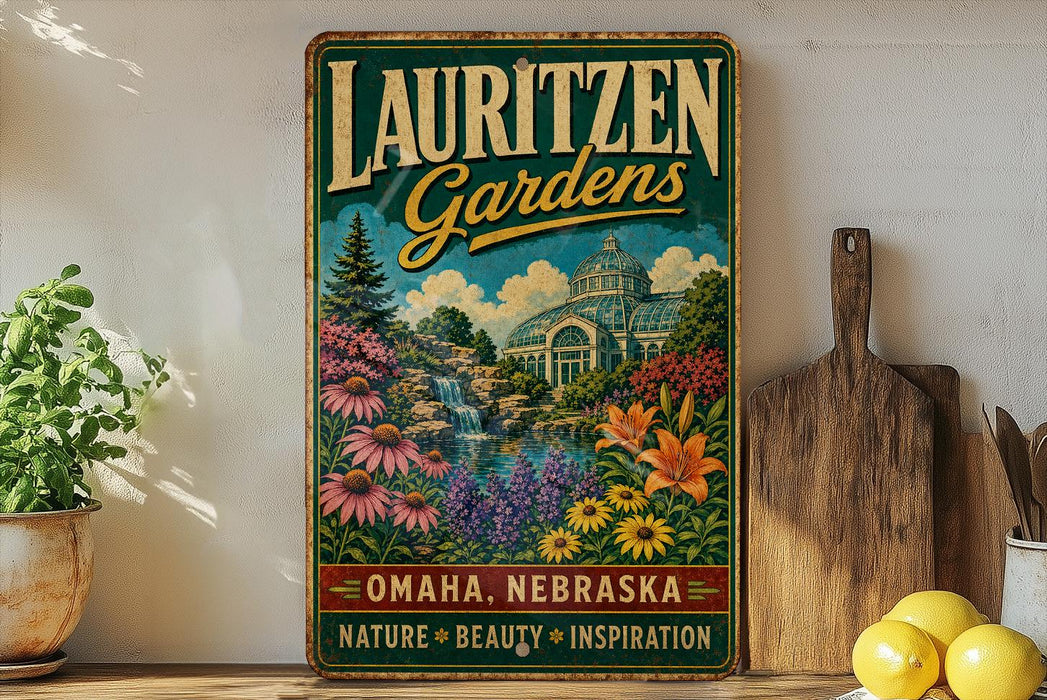 A vintage-style sign for Lauritzen Gardens in Omaha, Nebraska, featuring a colorful illustration of a garden with flowers, a waterfall, and a building.