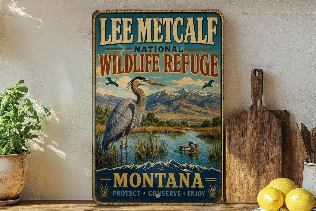 A vintage-style metal sign for Lee Metcalf National Wildlife Refuge in Montana, featuring an illustration of a heron and mountains in the background.