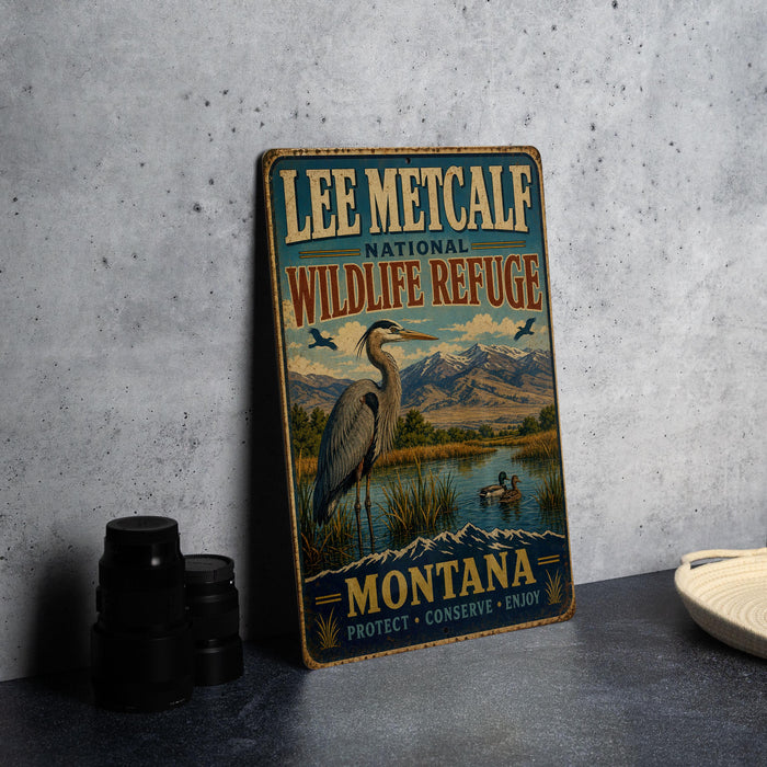 A vintage metal sign for the Lee Metcalf National Wildlife Refuge in Montana, featuring an illustration of a crane and a lake surrounded by mountains.
