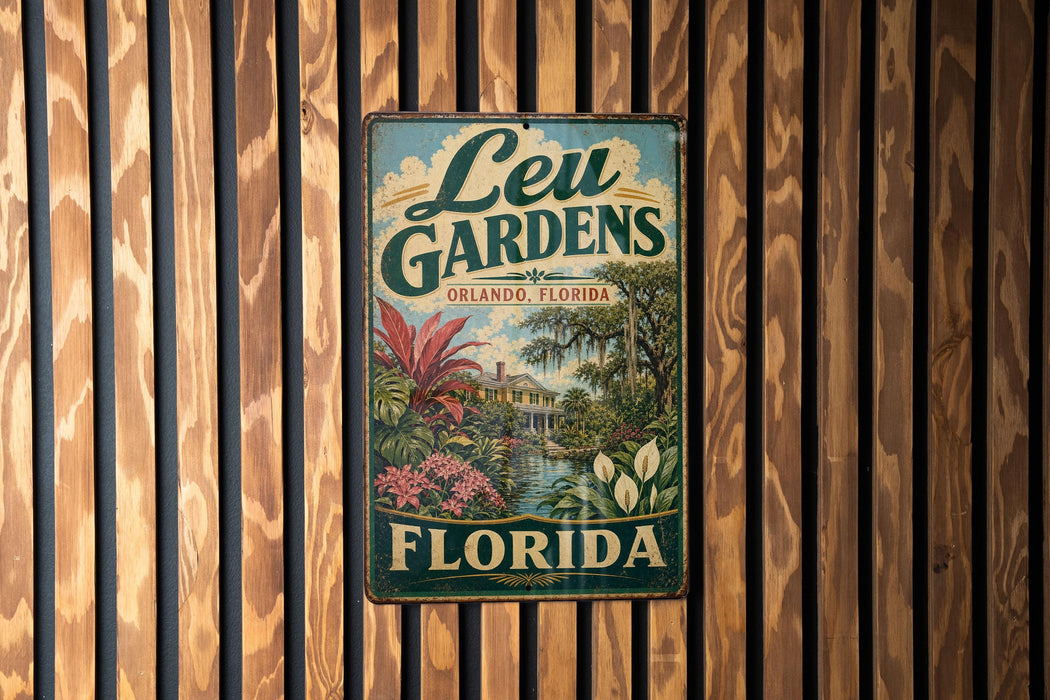 A vintage-style metal sign for Leu Gardens, located in Orlando, Florida.