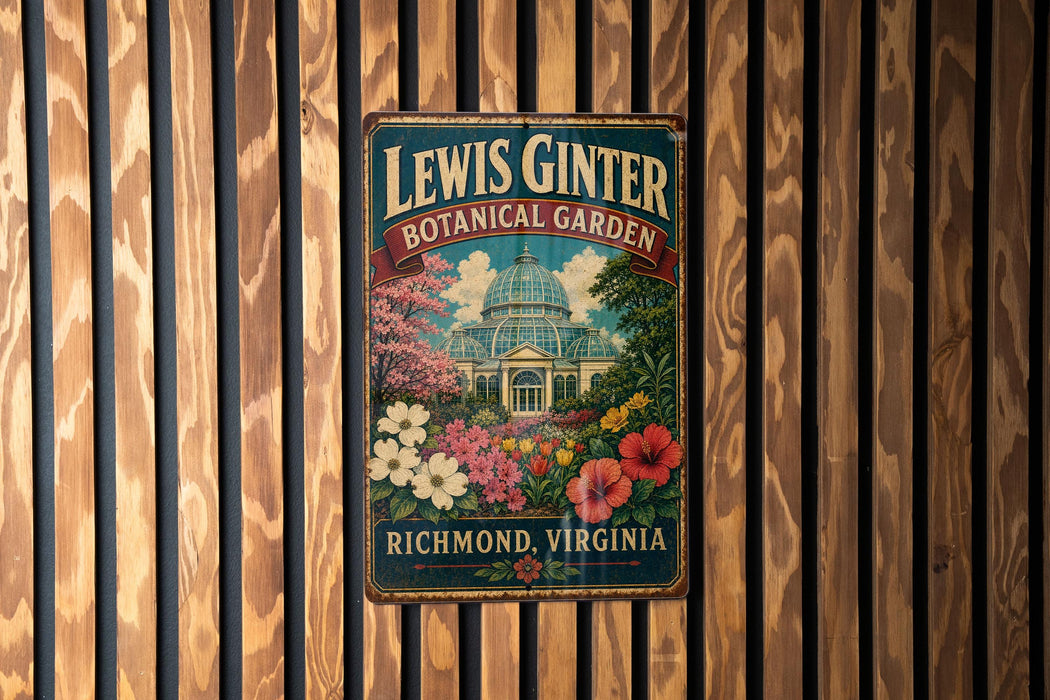 A vintage metal sign for the Lewis Ginter Botanical Garden in Richmond, Virginia, featuring a colorful illustration of the greenhouse and flowers.