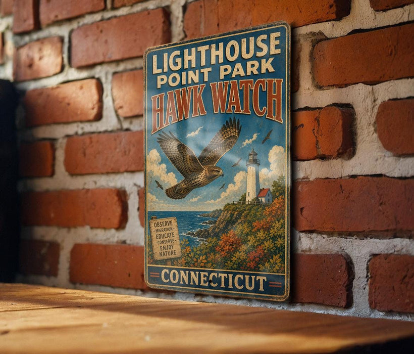 A vintage metal sign for Lighthouse Point Park, featuring an illustration of a hawk and a lighthouse, mounted on a brick wall.