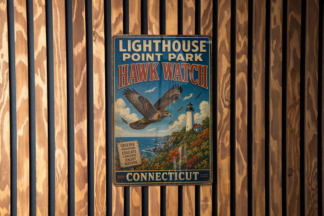 A vintage metal sign for Lighthouse Point Park, featuring an illustration of a hawk and the words "Hawk Watch" and "Connecticut".