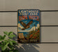 A vintage metal sign for Lighthouse Point Park, featuring an illustration of a hawk and a lighthouse, mounted on a wall.