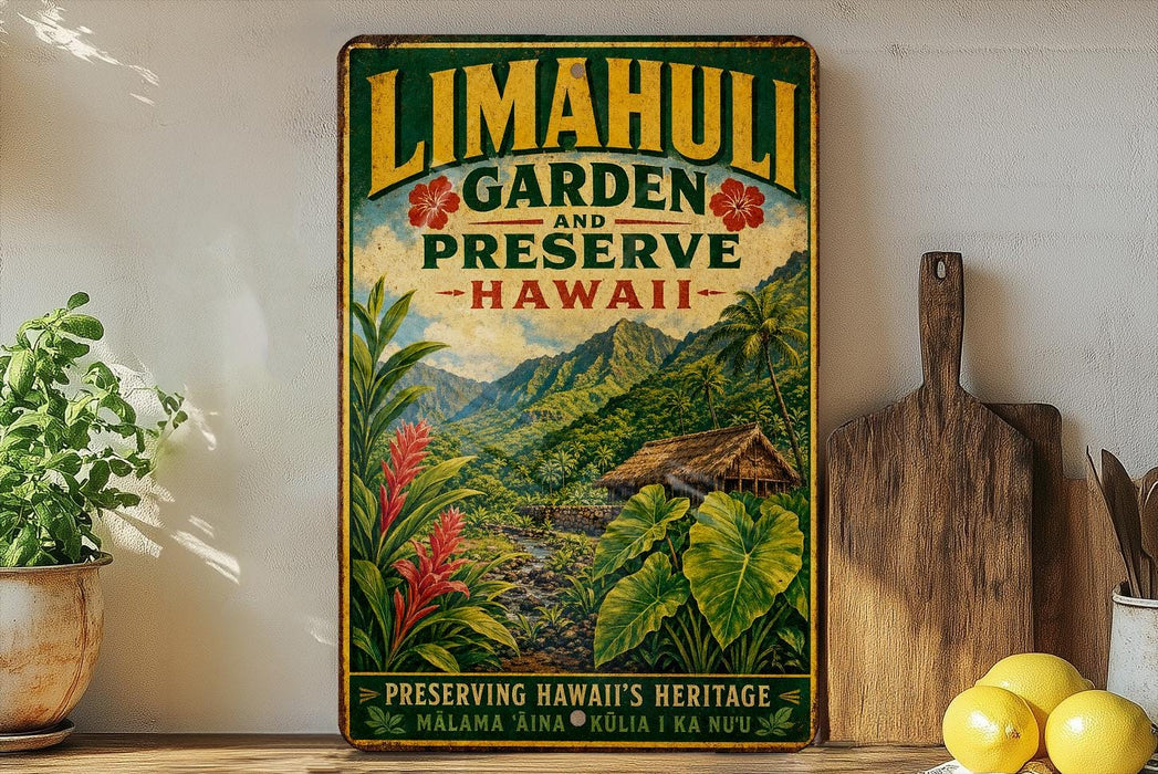 A vintage-style metal sign for Limahui Garden and Preserve in Hawaii, featuring a tropical landscape with mountains, palm trees, and a hut.