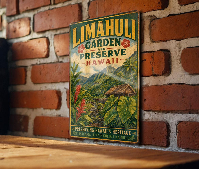 A vintage-style metal sign with the text "LIMAHUII GARDEN AND PRESERVE HAWAII" is displayed on a brick wall.