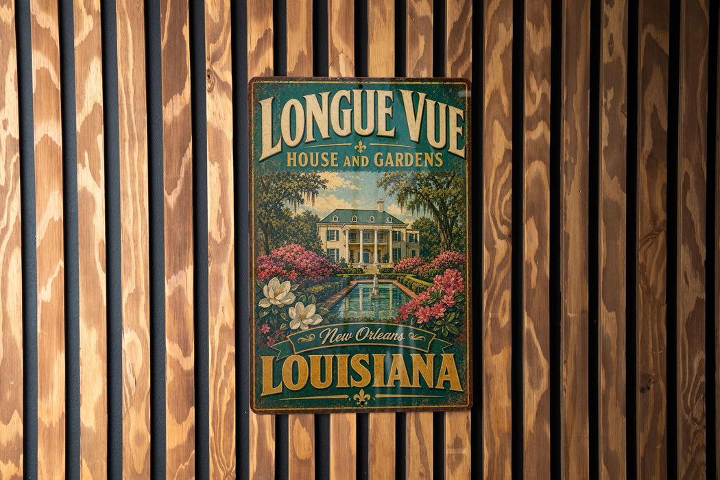 A vintage-style metal sign for "Longe Vue House and Gardens" in New Orleans, Louisiana, featuring a tropical garden scene with a house and palm trees.