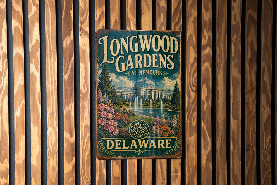 A vintage metal sign for Longwood Gardens in Delaware, featuring a scenic illustration of the gardens and a fountain.