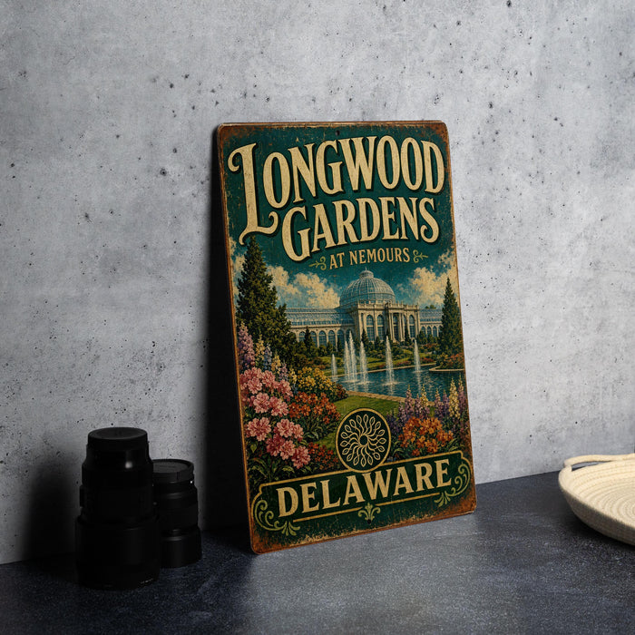 A vintage-style sign for Longwood Gardens in Delaware, featuring an illustration of the gardens and a fountain.