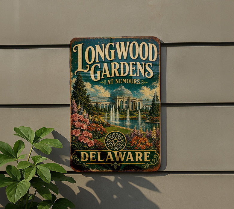 A vintage metal sign for Longwood Gardens in Delaware, featuring an illustration of the gardens and a fountain.
