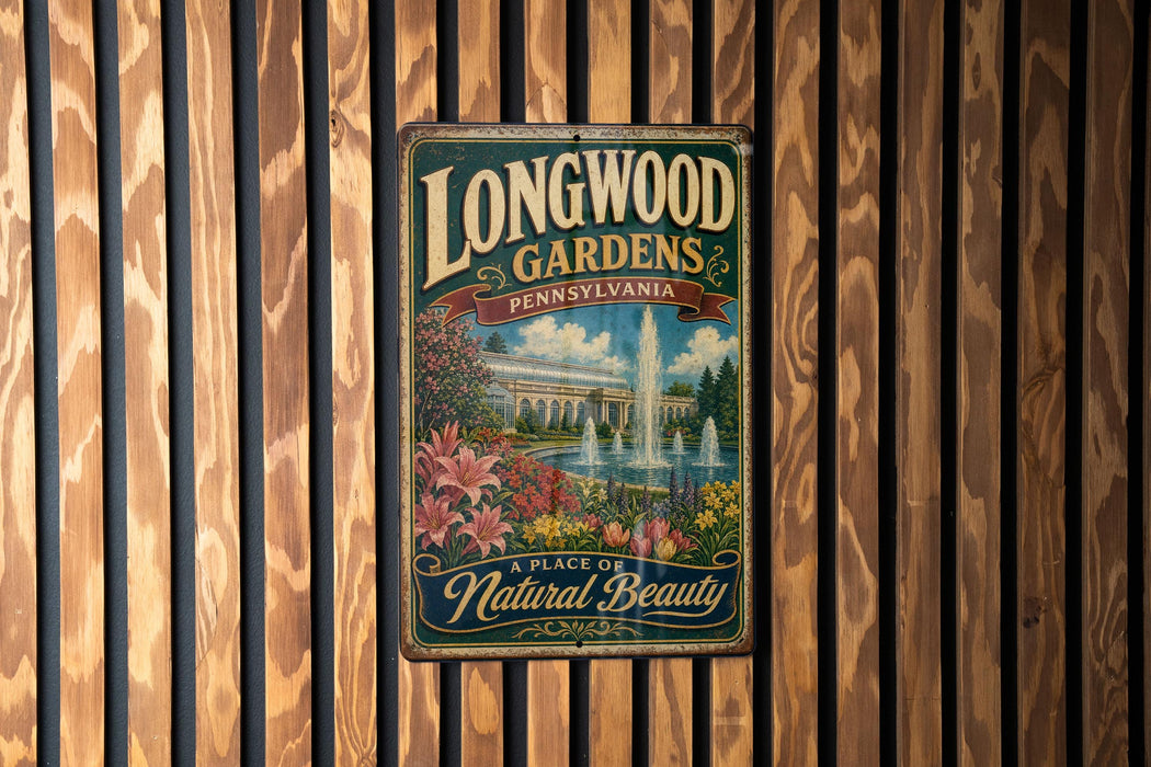 A vintage-style metal sign for Longwood Gardens in Pennsylvania, featuring a fountain and lush greenery, is displayed on a wooden wall.