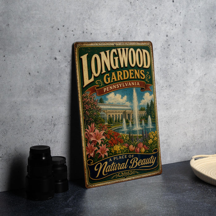 A vintage-style metal sign for Longwood Gardens in Pennsylvania, featuring a fountain and flowers, is displayed on a gray countertop next to a stack of black camera lenses.