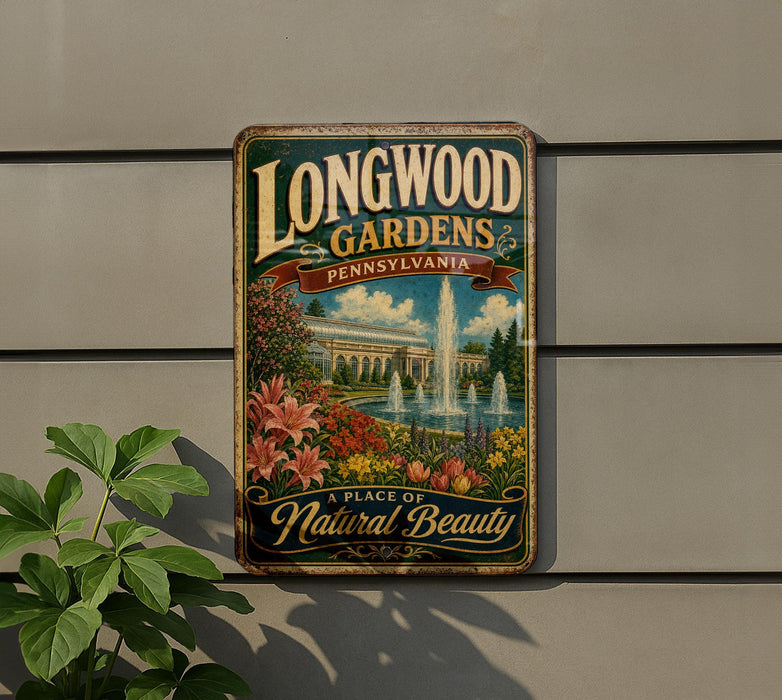 A vintage-style sign for Longwood Gardens in Pennsylvania, featuring a scenic illustration of a garden with a fountain and flowers.