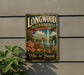 A vintage-style sign for Longwood Gardens in Pennsylvania, featuring a scenic illustration of a garden with a fountain and flowers.