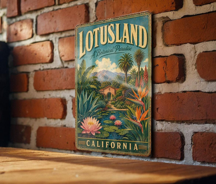 A vintage-style metal sign with a tropical landscape and text, mounted on a brick wall.