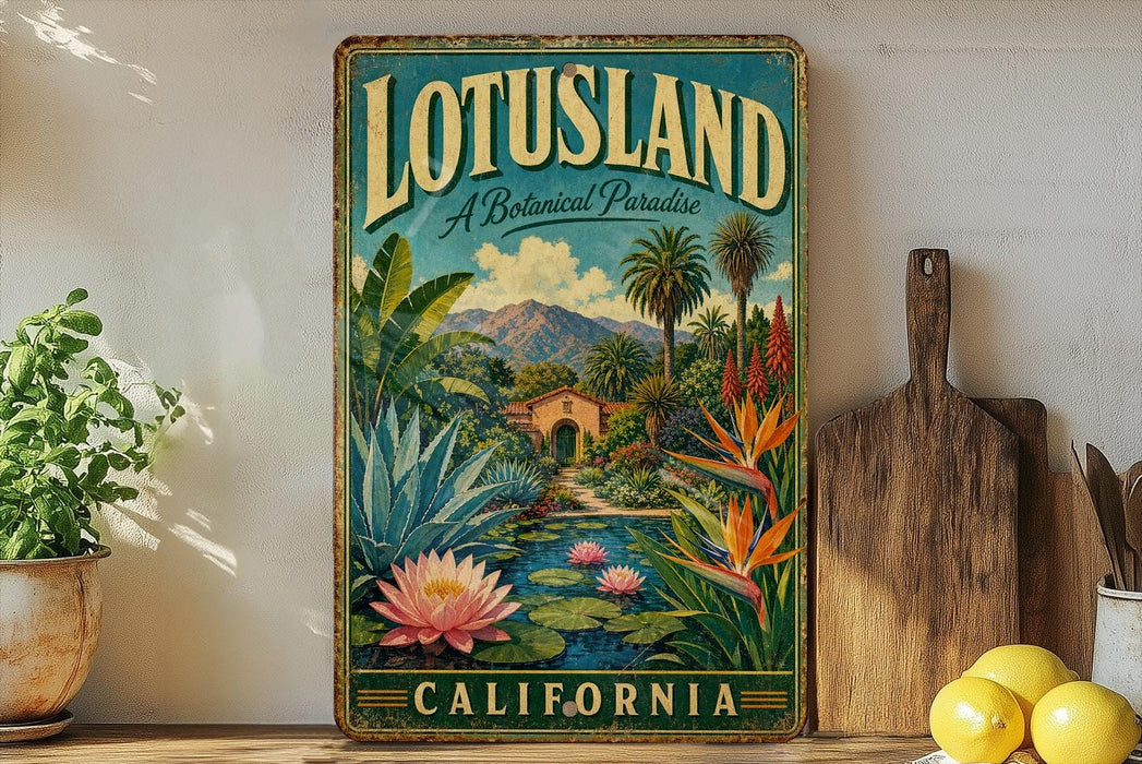 A vintage-style metal sign with a tropical landscape and a pond, featuring the text "LOTUSLAND A Botanical Paradise" and "CALIFORNIA". The sign is displayed on a shelf next to a wooden cutting board and a potted plant.