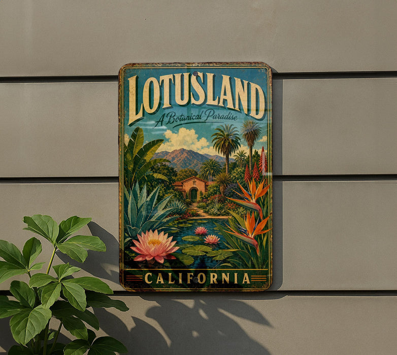 A vintage-style metal sign for Lotusland, a botanical paradise in California, featuring a tropical landscape with palm trees, a pond, and colorful flowers.