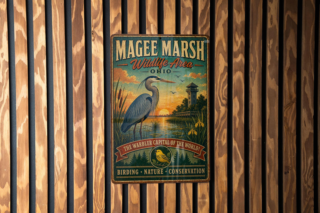 A vintage-style metal sign for the Magee Marsh Wildlife Area in Ohio, featuring an illustration of a heron and a sunset landscape.