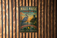 A vintage-style metal sign for the Magee Marsh Wildlife Area in Ohio, featuring an illustration of a heron and a sunset landscape.