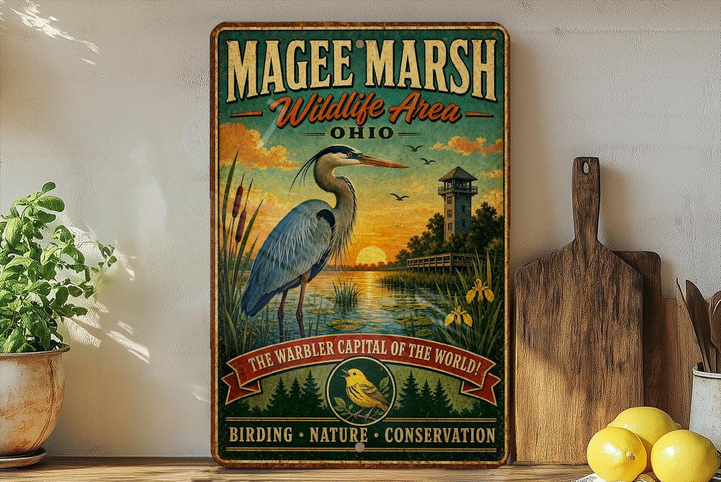 A vintage-style metal sign for the Magee Marsh Wildlife Area in Ohio, featuring a blue heron and a sunset landscape.