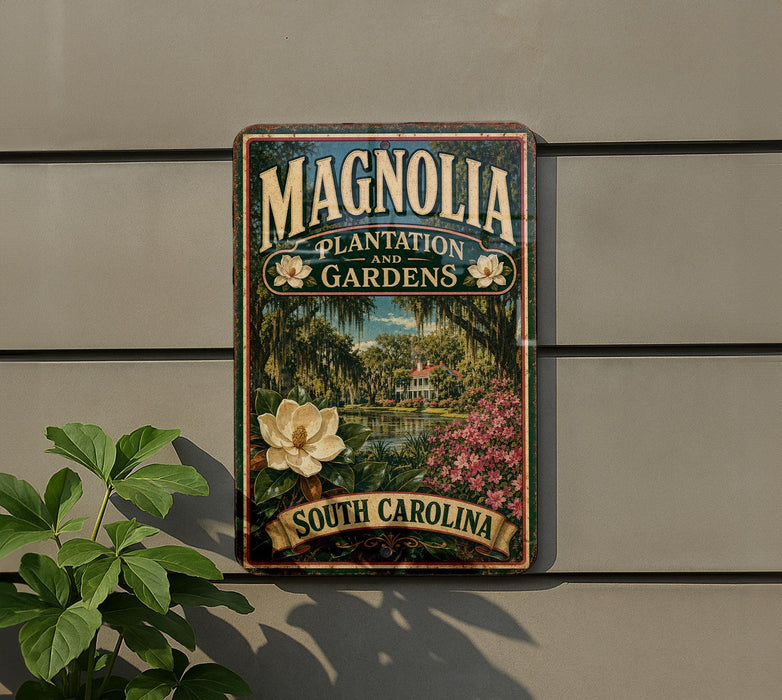 A vintage-style sign for Magnolia Plantation and Gardens in South Carolina, featuring a lush garden scene with a large white magnolia flower and pink azalea blooms.
