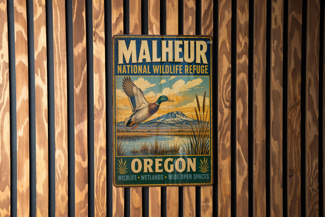 A metal sign with a bird illustration and text, mounted on a wooden wall.