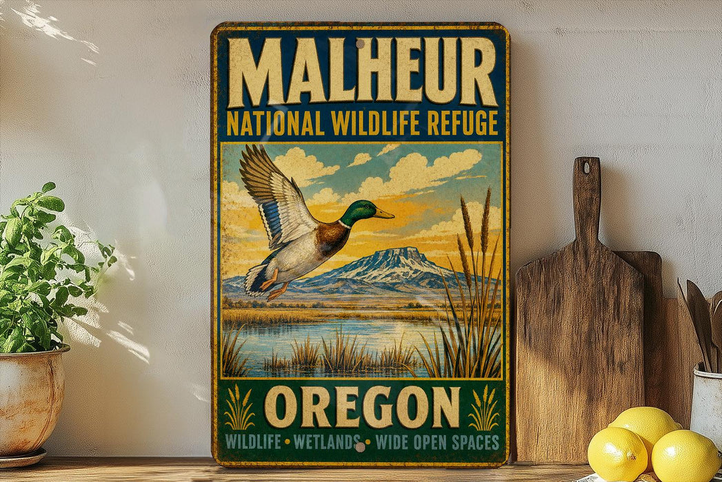 A vintage-style metal sign for the Malheur National Wildlife Refuge in Oregon, featuring an illustration of a duck in flight over a scenic landscape.