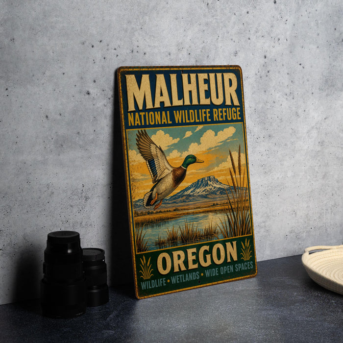 A vintage-style metal sign for the Malheur National Wildlife Refuge in Oregon, featuring an illustration of a duck in flight over a scenic landscape.
