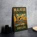 A vintage-style metal sign for the Malheur National Wildlife Refuge in Oregon, featuring an illustration of a duck in flight over a scenic landscape.