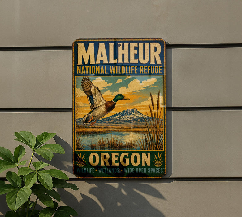 A metal sign with a duck flying over a landscape, mounted on a wall next to a plant.