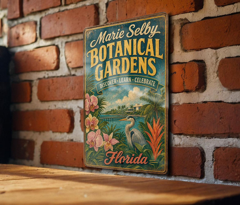 A vintage-style metal sign for "Marie Selby Botanical Gardens" is displayed on a brick wall, featuring a tropical scene with palm trees, flowers, and a bird.