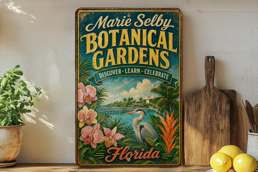 A vintage-style metal sign for "Marie Selby Botanical Gardens" in Florida, featuring a tropical landscape with palm trees, a bird, and flowers.