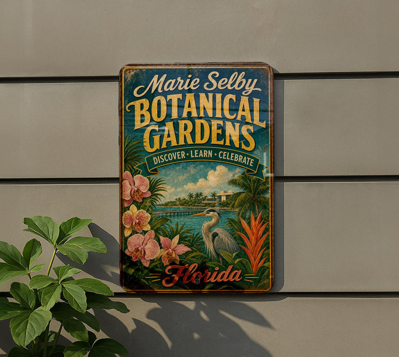 A vintage-style metal sign for "Marie Selby Botanical Gardens" in Florida, featuring a tropical landscape with palm trees, flowers, and a bird.