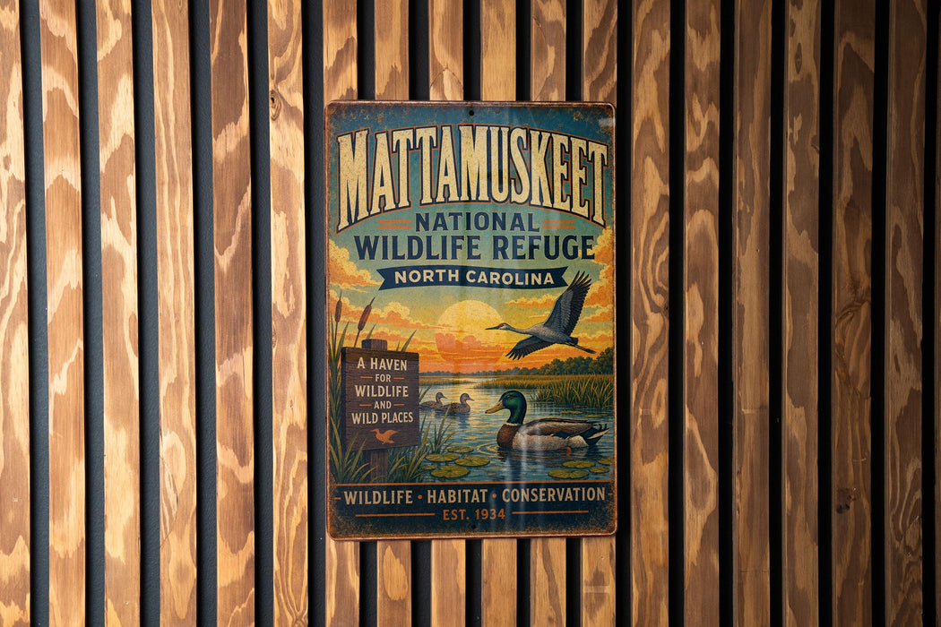 A vintage metal sign for the Mattamukkee National Wildlife Refuge in North Carolina, featuring an illustration of ducks and a sunset over a lake.