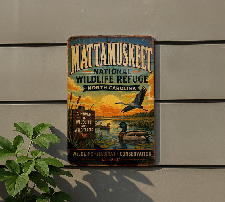 A vintage-style metal sign for the Mattamukkee National Wildlife Refuge in North Carolina, featuring an illustration of ducks and a bird in a natural setting.