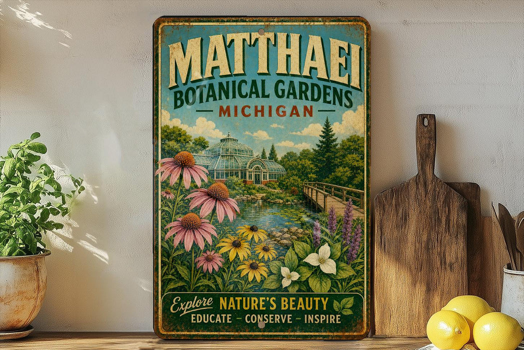 A vintage-style metal sign for the Matthaei Botanical Gardens in Michigan, featuring a lush garden scene with flowers, plants, and a greenhouse.