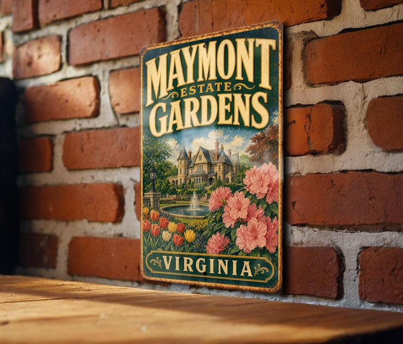 A vintage metal sign for Maymont Estate Gardens in Virginia, featuring a brick wall and a garden scene with pink flowers.