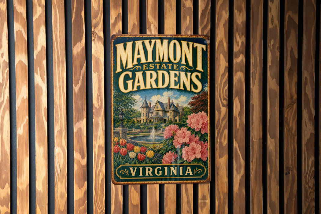 A vintage metal sign for Maymont Estate Gardens in Virginia, featuring a garden scene with a fountain and colorful flowers.