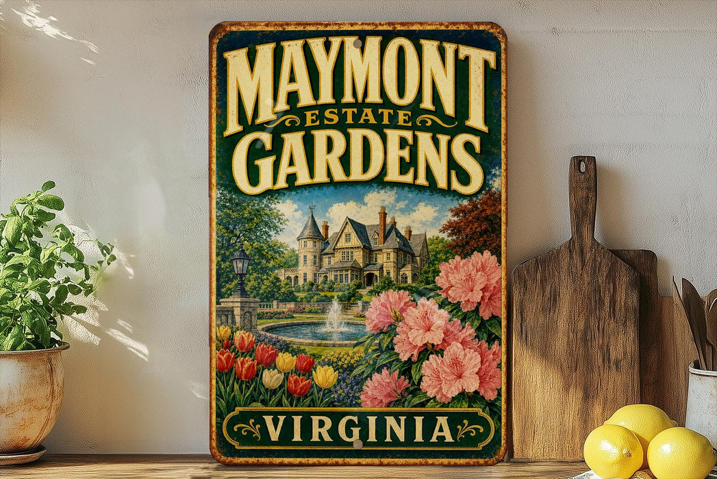a vintage-style sign for the Maymont Estate Gardens in Virginia, with a painting of a castle and garden in the background.