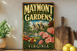 a vintage-style sign for the Maymont Estate Gardens in Virginia, with a painting of a castle and garden in the background.