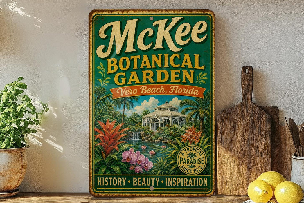 A vintage-style metal sign for the McKee Botanical Garden in Vero Beach, Florida, featuring a tropical garden scene with palm trees, flowers, and a fountain.