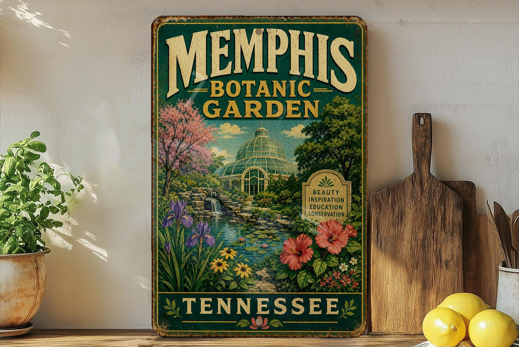 A vintage-style metal sign for the Memphis Botanic Garden in Tennessee, featuring a lush garden scene with a greenhouse and colorful flowers.