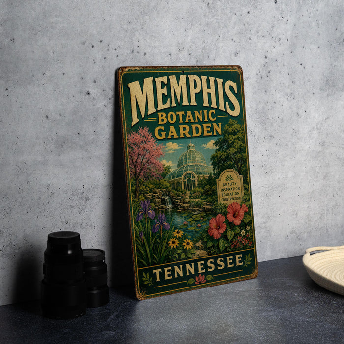 A vintage-style metal sign for the Botanic Garden in Memphis, Tennessee, featuring a colorful illustration of the garden and its surroundings.