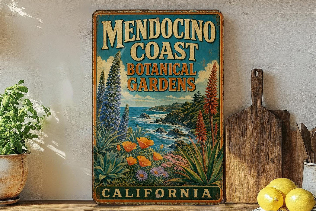 a vintage-style metal sign for Mendocino Coast Botanical Gardens in California, with a coastal landscape and colorful flowers on the sign.