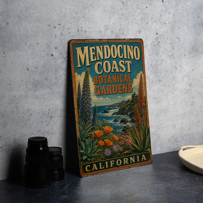 A vintage-style metal sign for Mendocino Coast Botanical Gardens in California, featuring a scenic landscape with a body of water and various plants.