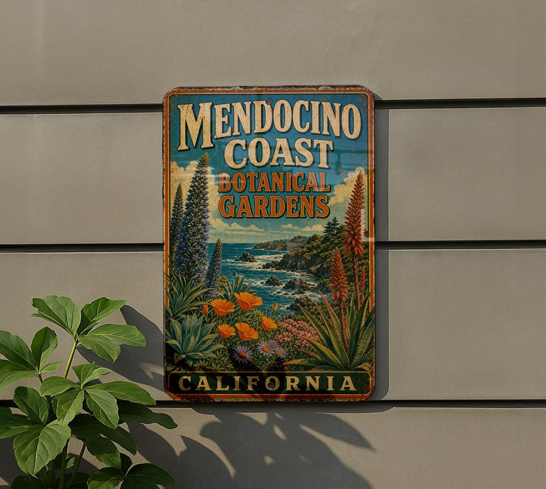 A vintage-style metal sign for Mendocino Coast Botanical Gardens in California, featuring a scenic landscape with palm trees, flowers, and a body of water.