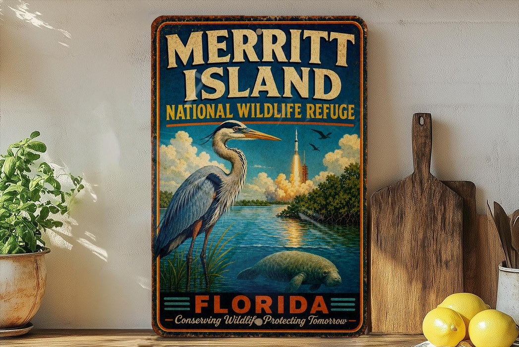 A vintage-style sign for Merritt Island National Wildlife Refuge in Florida, featuring a large blue heron and a rocket launch in the background.