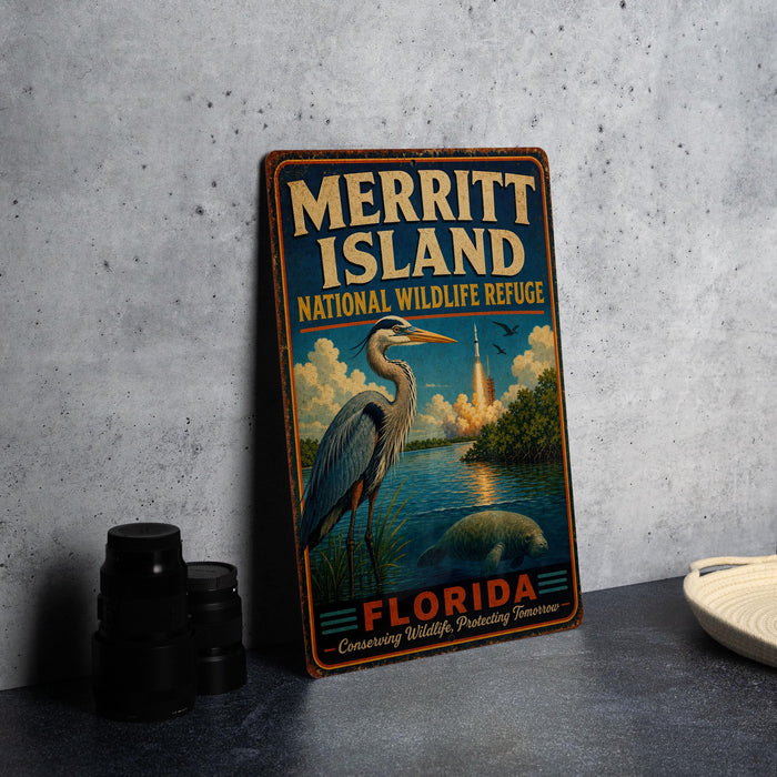 A vintage-style metal sign for the Merritt Island National Wildlife Refuge in Florida, featuring a large blue heron and a rocket launch in the background.